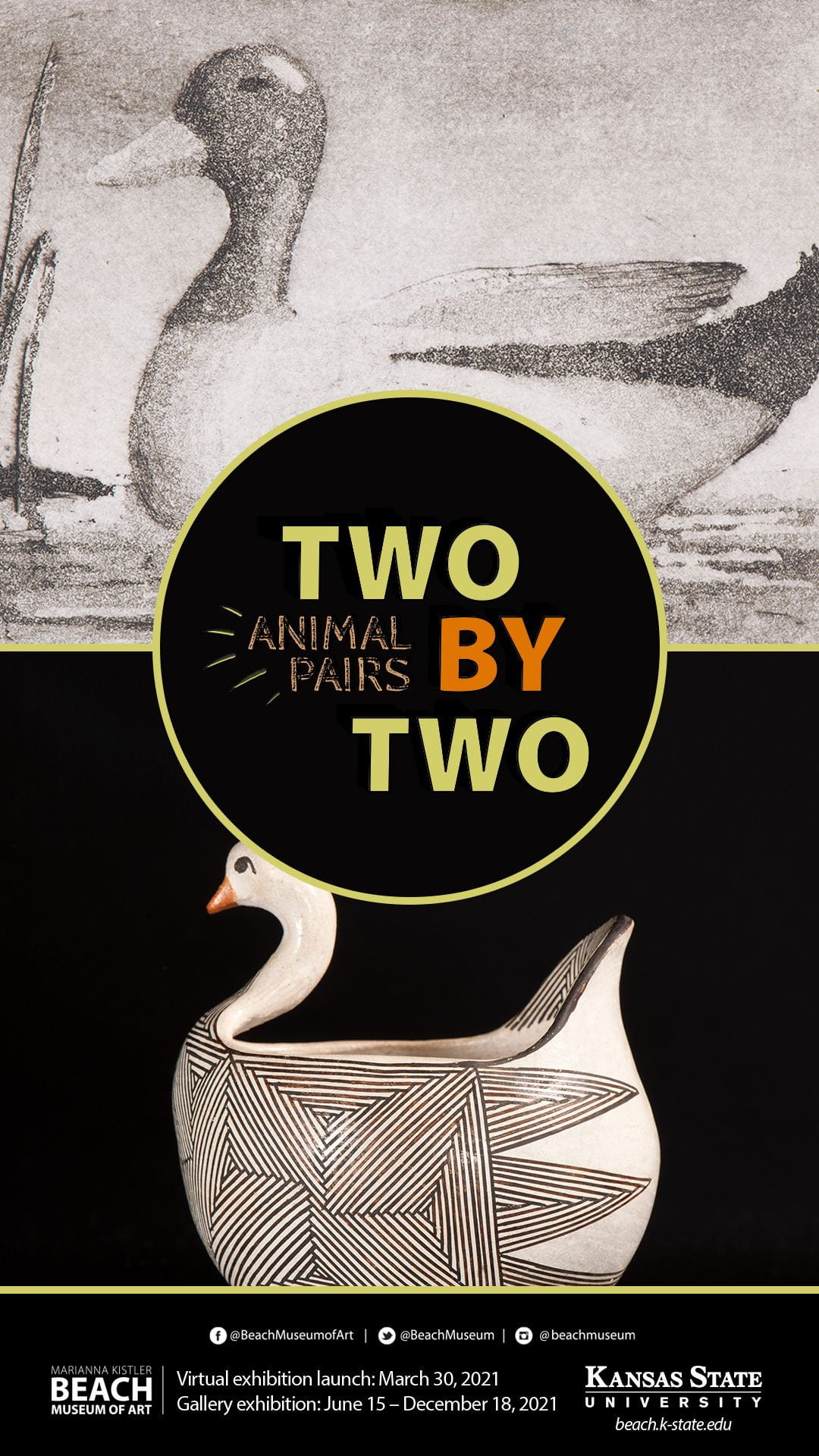 Flyer of the new virtual exhibition "Two by Two: Animal Pairs" by the Beach Museum of Art. visit https://www.mkbma.org/exhibitions/two-by-two-animal-pairs/ 