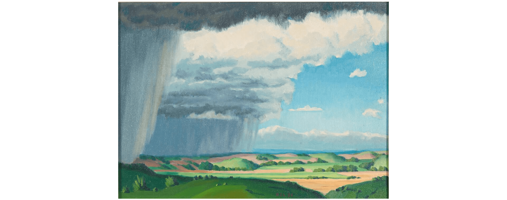 Landscape painting of storm clouds over a valley