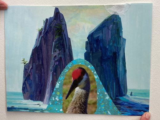 Collage image of crane with tall cliffs