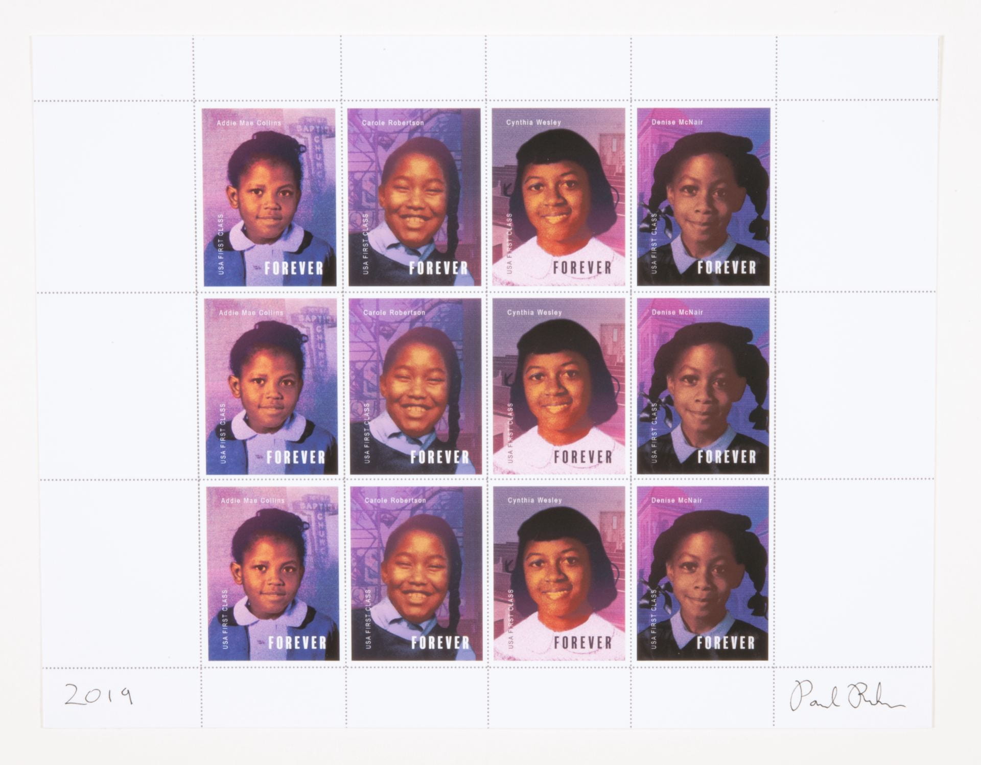 12 stamp cells with images of 4 young girls