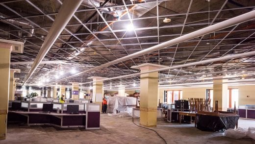 Second floor of Hale Library after the carpet and ceiling tiles were torn out. 