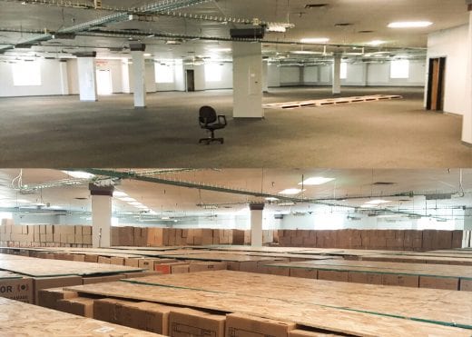 A side by side photo shows a giant empty room and the same room filled with boxes.