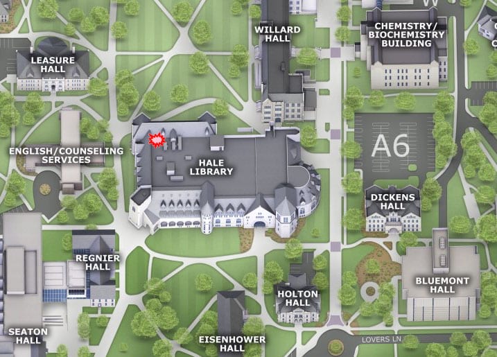 A map illustrates 10 of K-State's university buildings. with Hale Library located at the center. A small red mark is at Hale's upper left corner.