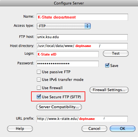 screenshot of Dreamweaver's secure-FTP selection