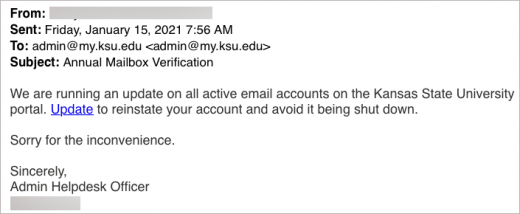 scam email example - annual mailbox verification