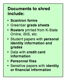 Documents to shred include scantron forms; greenbar grade sheets; rosters printed from K-State Online, iSIS, etc.; student papers with personal identity information and grades; data with credit card information; personnel files; other sensitive papers with identity or financial information