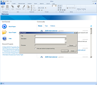 Screenshot of NVivo page with New Project window