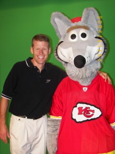 Dan Meers and the KC Wolf mascot of the Kansas City Chiefs