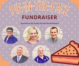 graphic flyer for pie-in-the-face fundraiser featuring headshots of participants