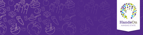 A purple graphic with images of food and the HandsOn Kansas State mark